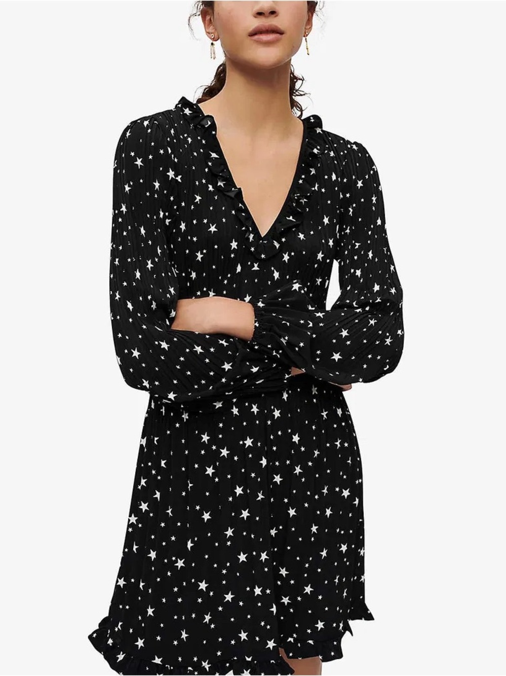 Maje Rockalie Star Print Plisse Ruffle Mini Dress Black White FR 40 US 8